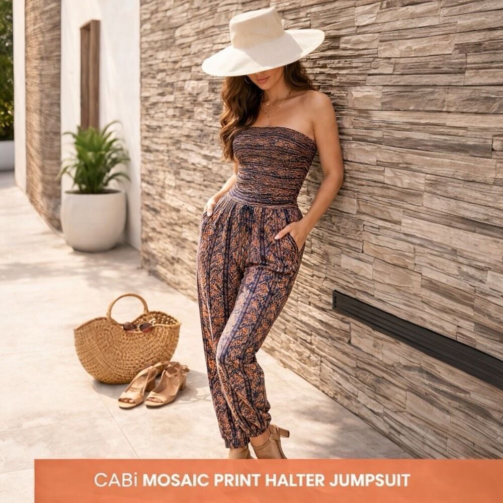 CAbi #325 Mosaic Print Halter Jumpsuit Romper Blue Orange Pockets, Size Small